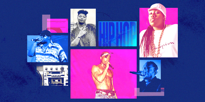 Collage showcasing iconic figures in hip-hop culture, including Queen Latifah, The Notorious B.I.G, Kendrick Lamar, Tupac Shakur, and Missy Elliott, surrounded by hip-hop imagery