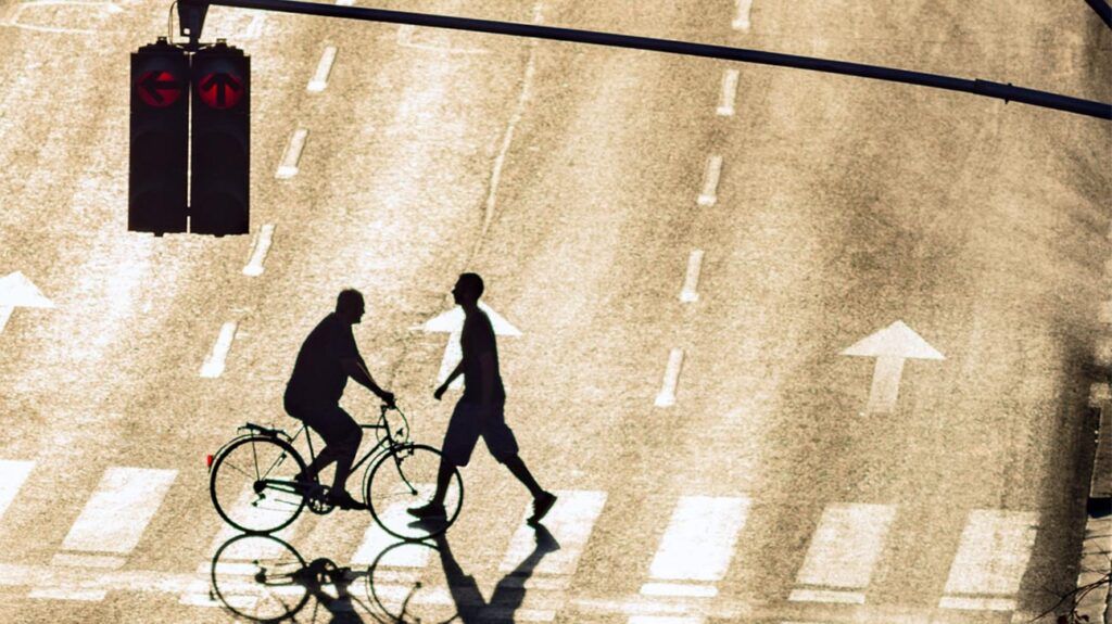 cyclist and pedestrian on zebra crossing