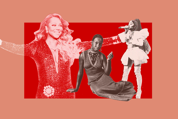 A collage of images of Mariah Carey, Nina Simone and Ariana Grande in black, white and red tones.