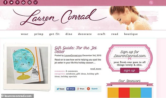 Pictured: Lauren Conrad's blog after she left The Hills in 2009. The website offered fashion, cooking, crafting and book recommendations