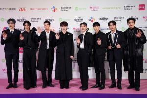 TOKYO, JAPAN - NOVEMBER 29: (EDITORIAL USE ONLY) Hong-joong, Seong-hwa, Yun-ho, Yeo-sang, San, Min-gi, Woo-young and Choi Jong-ho of boy band ATEEZ attend the 2023 MAMA AWARDS at Tokyo Dome on November 29, 2023 in Tokyo, Japan. (Photo by Christopher Jue/Getty Images)