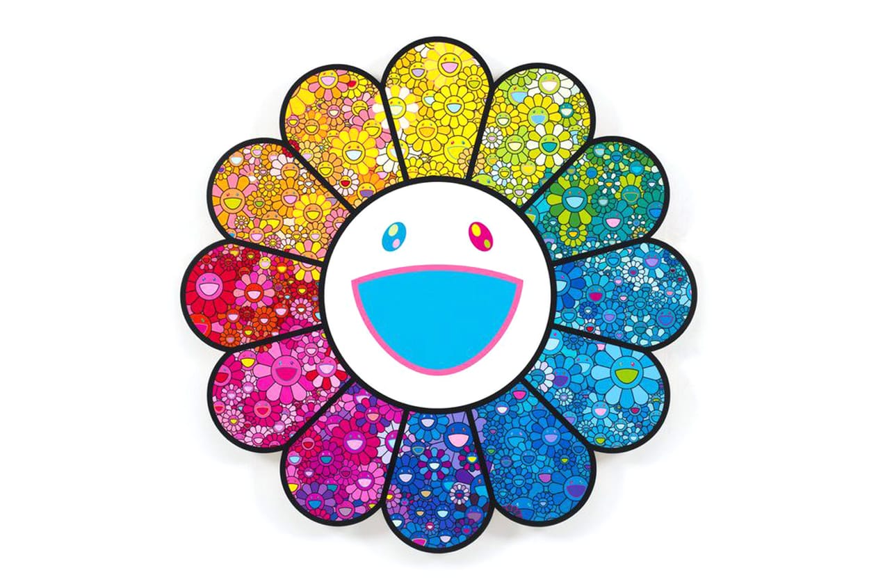 Check Out Takashi Murakami's Vibrant 'Still Lifes with Flowers' Exhibit kiki mr dob painting acrylic art shangai perrotin lucky cat vibrant flower 