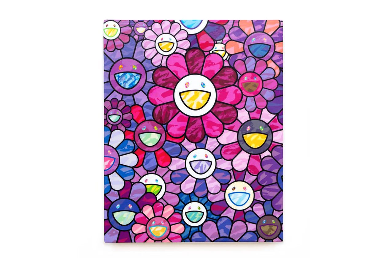 Check Out Takashi Murakami's Vibrant 'Still Lifes with Flowers' Exhibit kiki mr dob painting acrylic art shangai perrotin lucky cat vibrant flower 