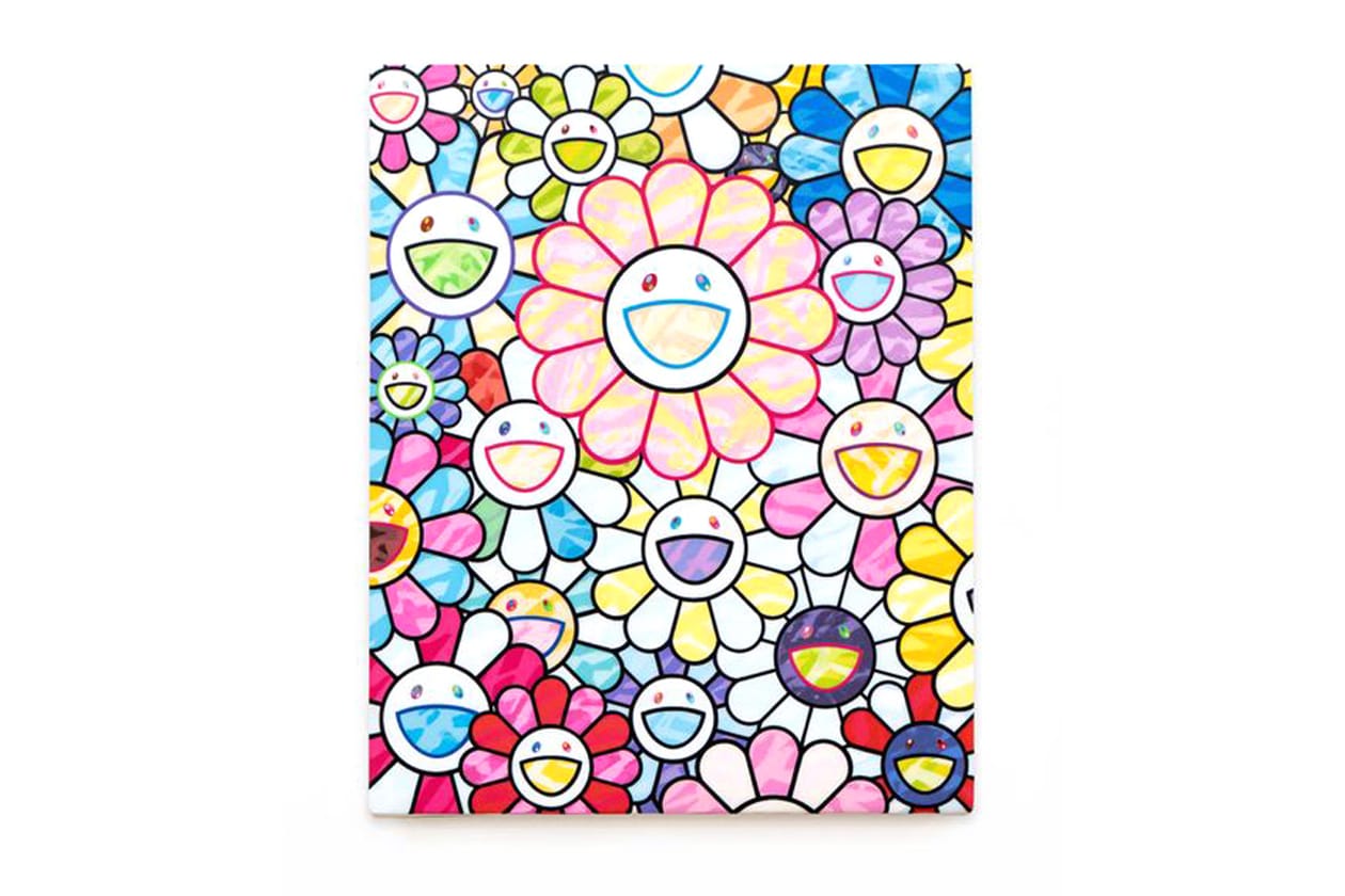 Check Out Takashi Murakami's Vibrant 'Still Lifes with Flowers' Exhibit kiki mr dob painting acrylic art shangai perrotin lucky cat vibrant flower 