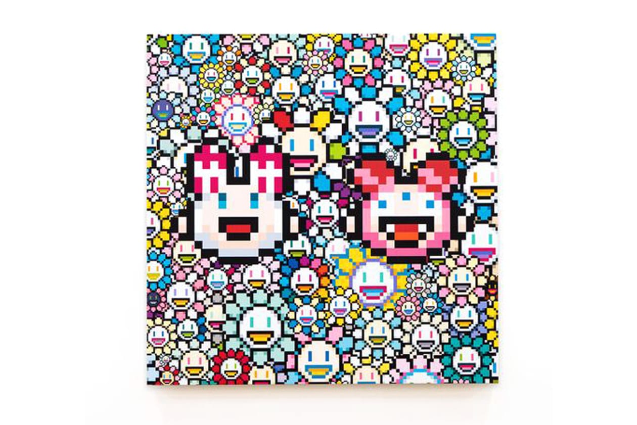 Check Out Takashi Murakami's Vibrant 'Still Lifes with Flowers' Exhibit kiki mr dob painting acrylic art shangai perrotin lucky cat vibrant flower 