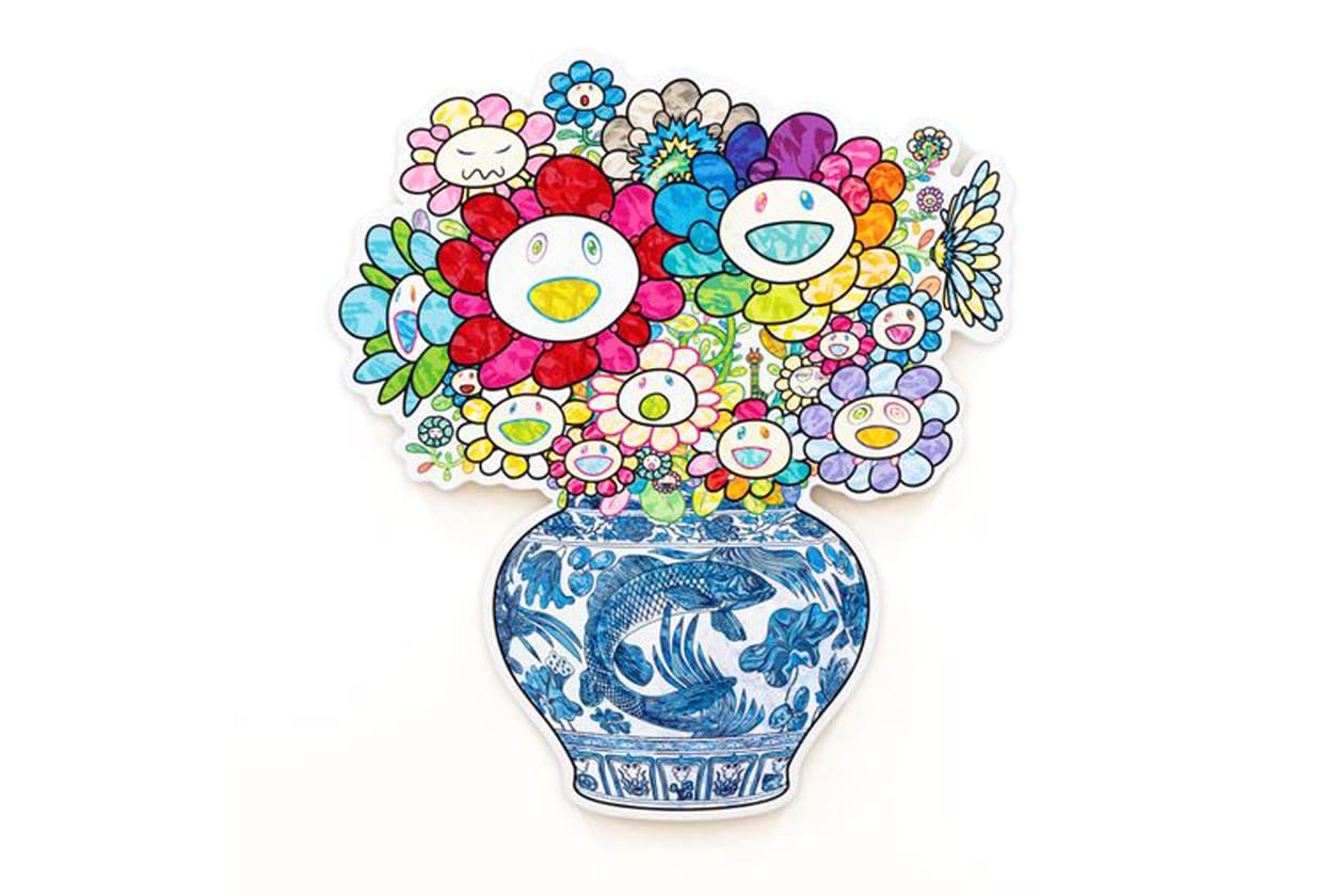 Check Out Takashi Murakami's Vibrant 'Still Lifes with Flowers' Exhibit kiki mr dob painting acrylic art shangai perrotin lucky cat vibrant flower 