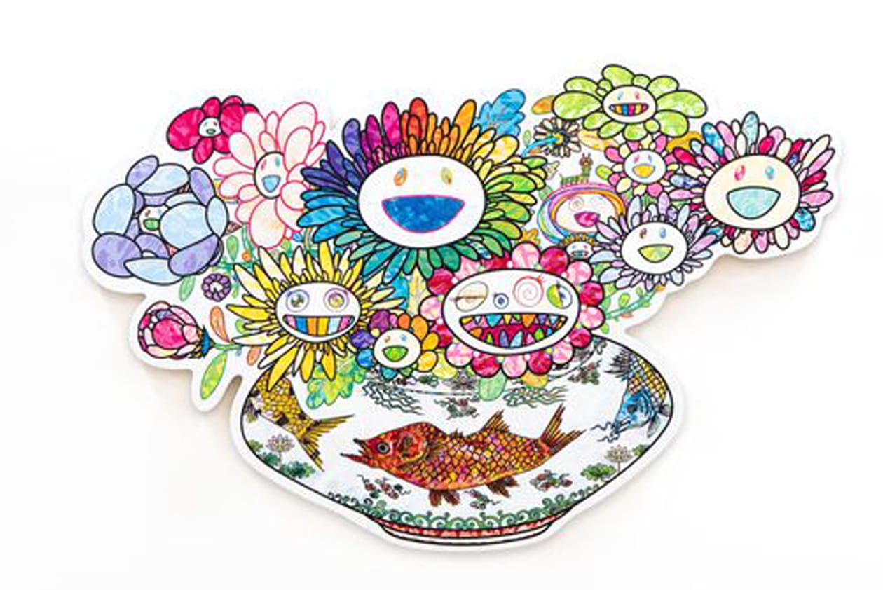 Check Out Takashi Murakami's Vibrant 'Still Lifes with Flowers' Exhibit kiki mr dob painting acrylic art shangai perrotin lucky cat vibrant flower 