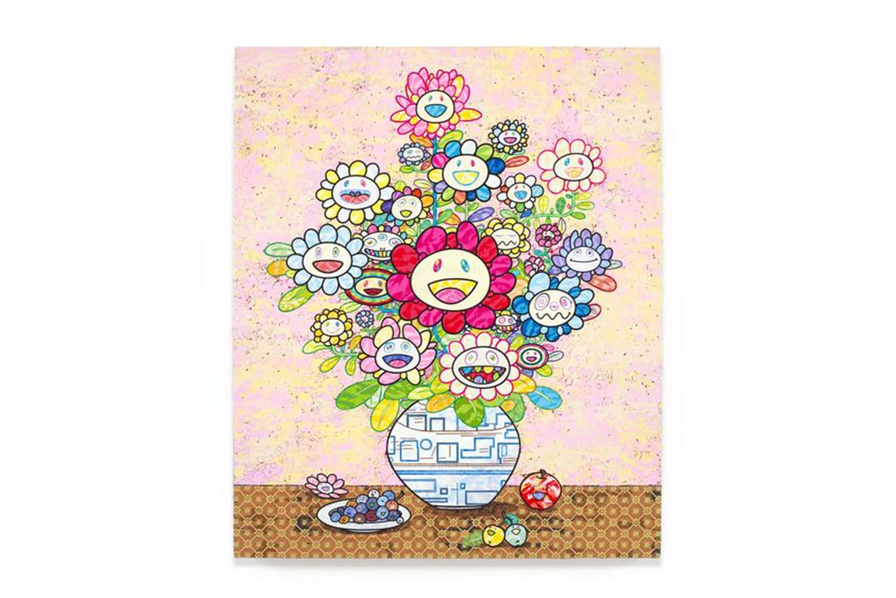 Check Out Takashi Murakami's Vibrant 'Still Lifes with Flowers' Exhibit kiki mr dob painting acrylic art shangai perrotin lucky cat vibrant flower 