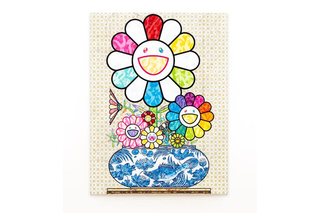 Check Out Takashi Murakami's Vibrant 'Still Lifes with Flowers' Exhibit kiki mr dob painting acrylic art shangai perrotin lucky cat vibrant flower 