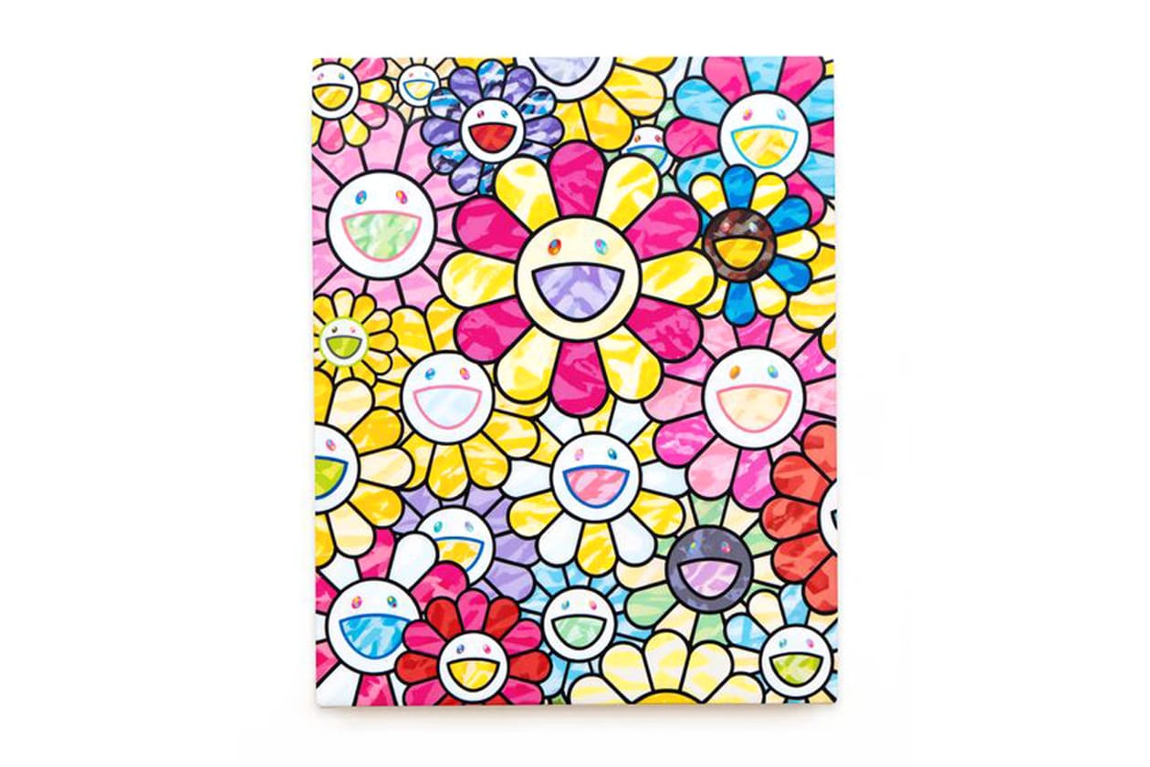 Check Out Takashi Murakami's Vibrant 'Still Lifes with Flowers' Exhibit kiki mr dob painting acrylic art shangai perrotin lucky cat vibrant flower 