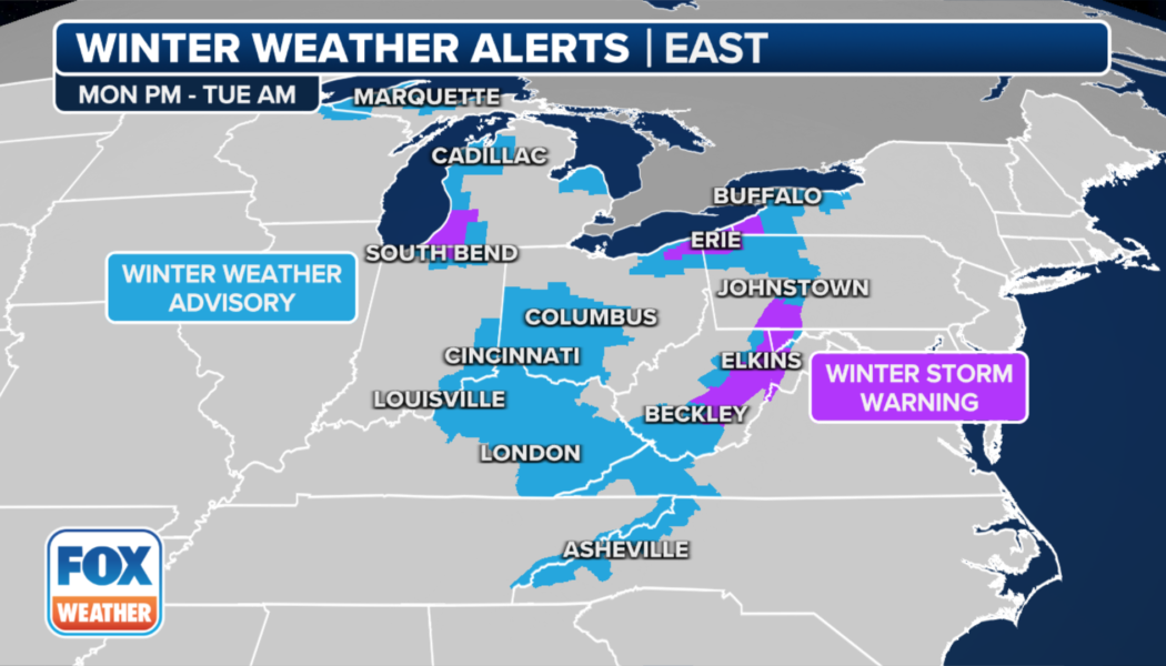 Crashes shut down portion of highway as snow disrupts travel in Great Lakes, Appalachians early this week