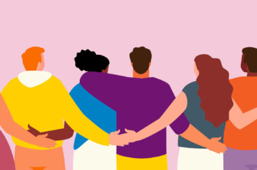 Illustration of a diverse group of people standing with their arms around each other