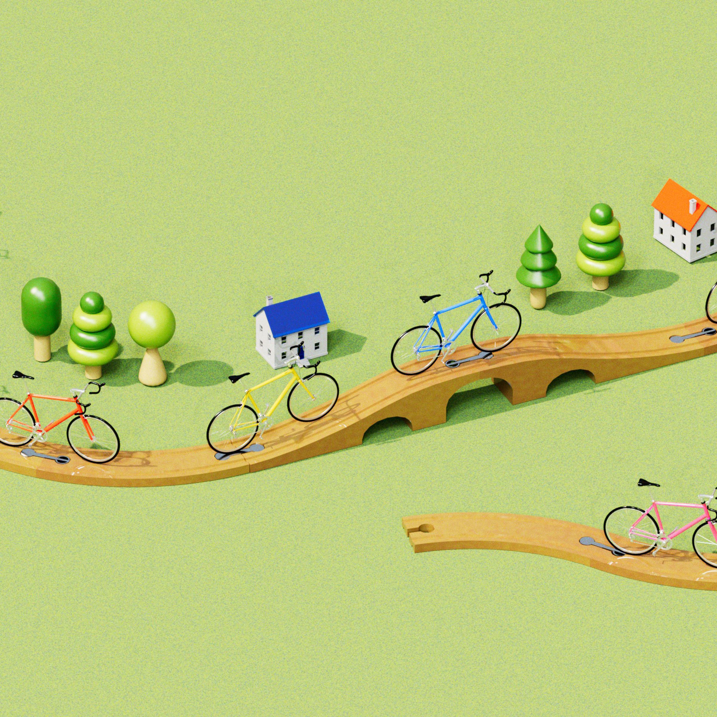 3D illustration showing a contrast between a community with a lot of bike infrastructure versus one without any.