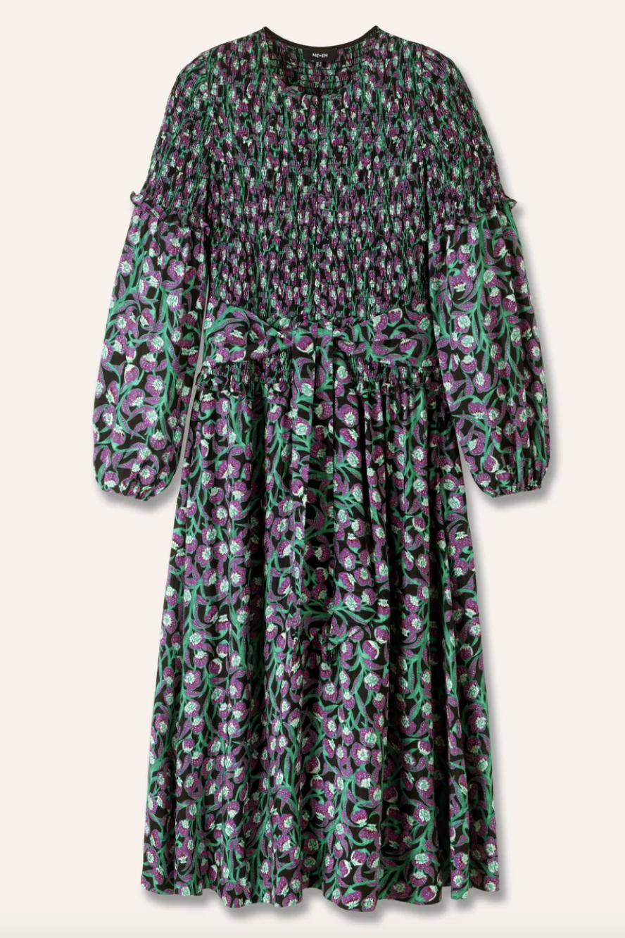 Trailing Flower Print Shirred Midi Dress + Belt