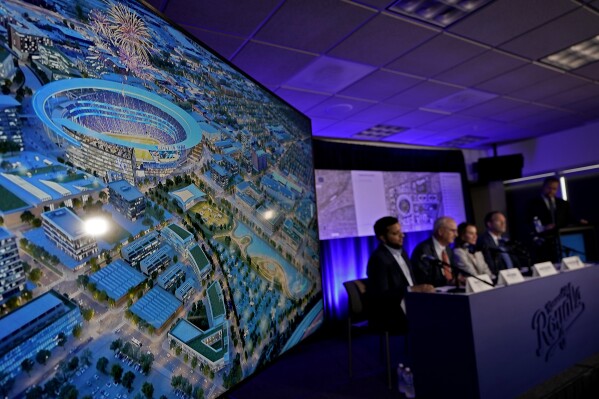 FILE - Kansas City Royals baseball team officials and their consultants talk about proposals for a new stadium to replace Kaufmann Stadium which has been home to the team for more than 50 years during a news conference, Tuesday, Aug. 22, 2023, in Kansas City, Mo. (AP Photo/Charlie Riedel, File)