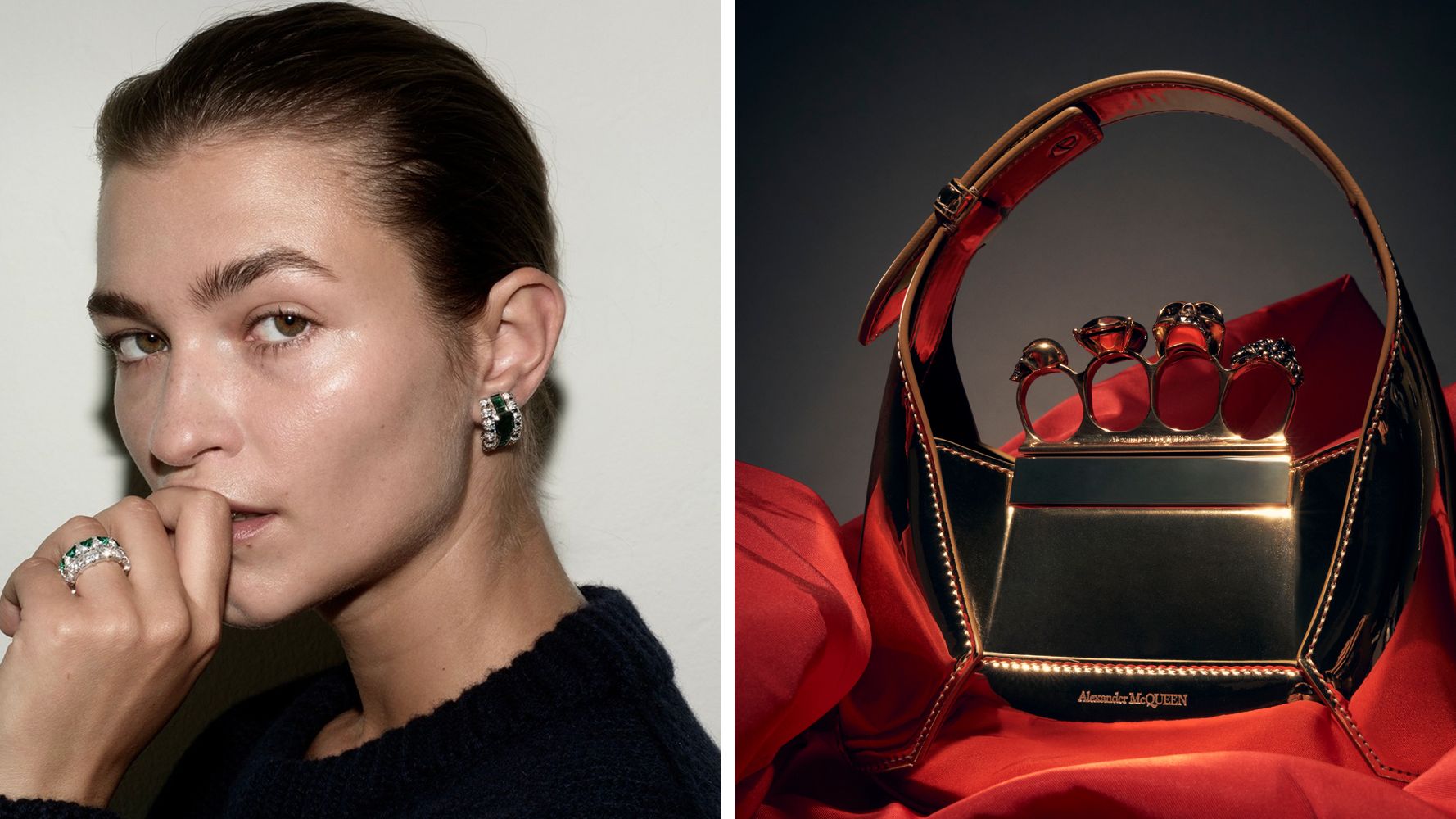 a composite of an alexander mcqueen bag and a model wearing dorsey jewelry in a guide to the best luxury gifts for women 2023