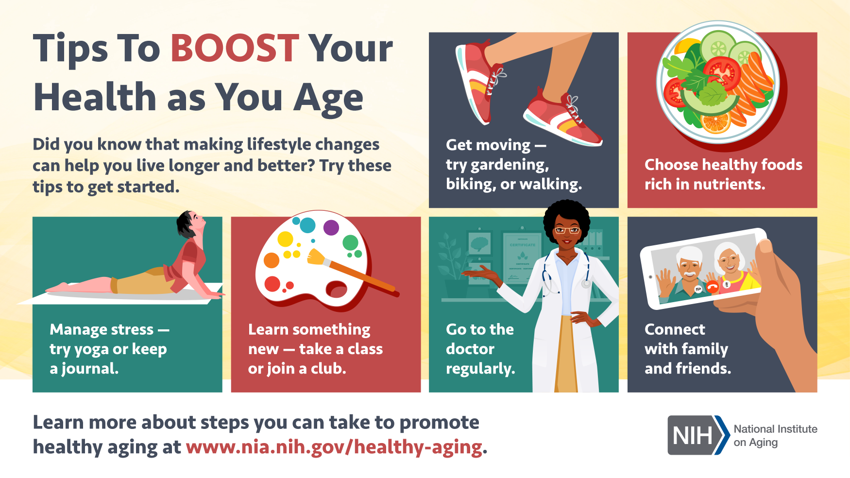 Tips To Boost Health As You Age Infographic. See transcript below.