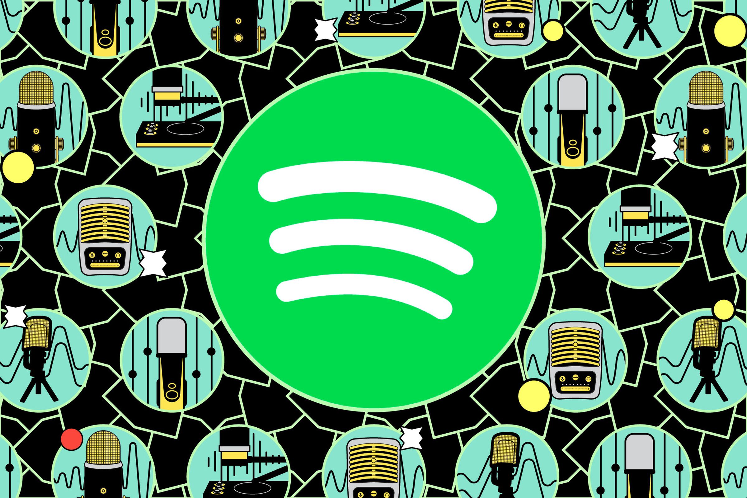 Spotify logo against an illustrated background with round circle representing audio stuff.