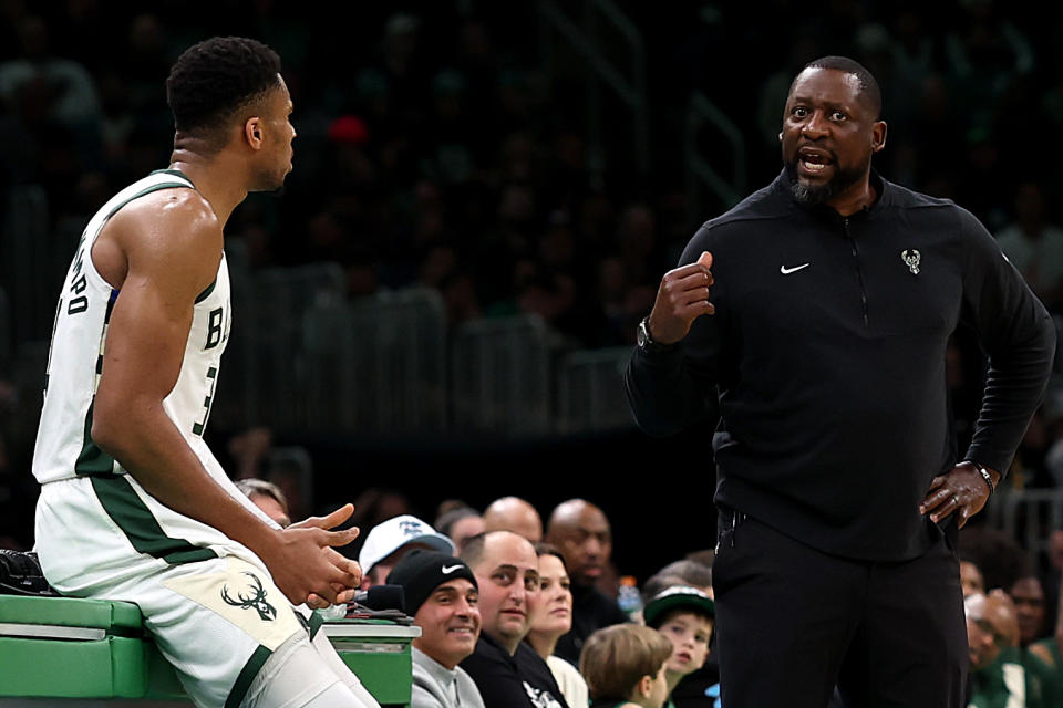 BOSTON, MASSACHUSETTS - NOVEMBER 22: Giannis Antetokounmpo #34 of the Milwaukee Bucks disputes being substituted out of the game with Head Coach Adrian Griffin during the second half against the Boston Celtics at TD Garden on November 22, 2023 in Boston, Massachusetts.  The Celtics defeat the Bucks 119-116. NOTE TO USER: User expressly acknowledges and agrees that, by downloading and or using this photograph, User is consenting to the terms and conditions of the Getty Images License Agreement.  (Photo by Maddie Meyer/Getty Images)