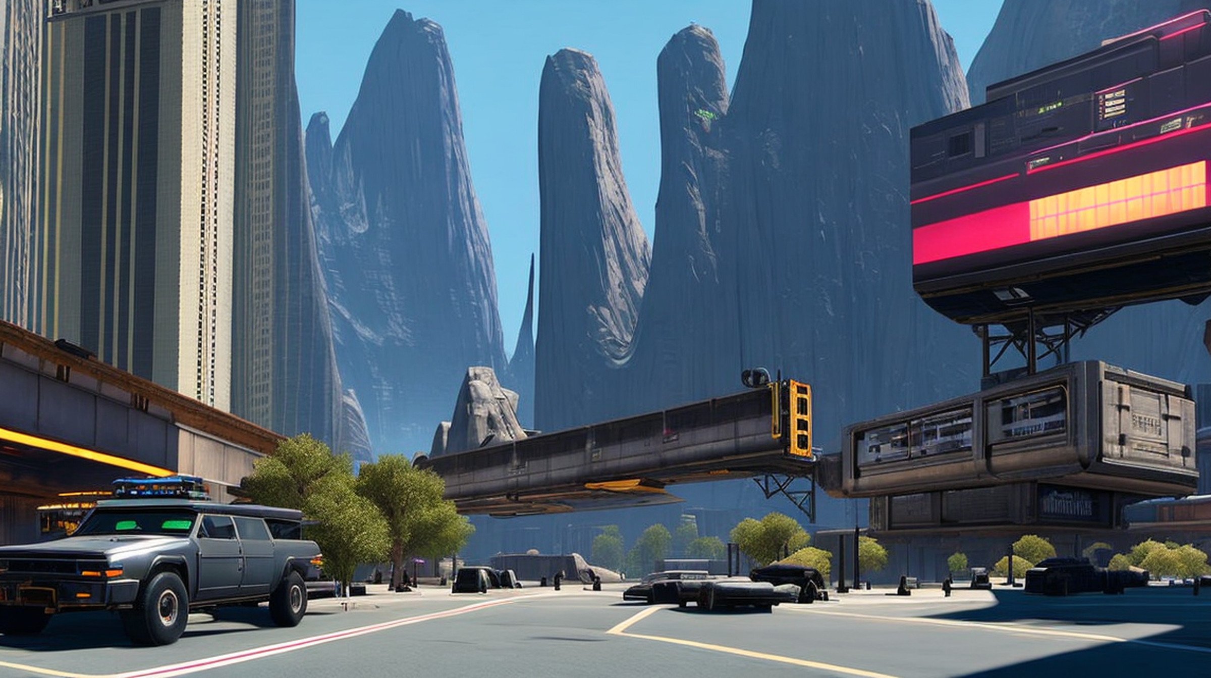 An AI-generated image showing a Cyperpunk city in Yosemite.