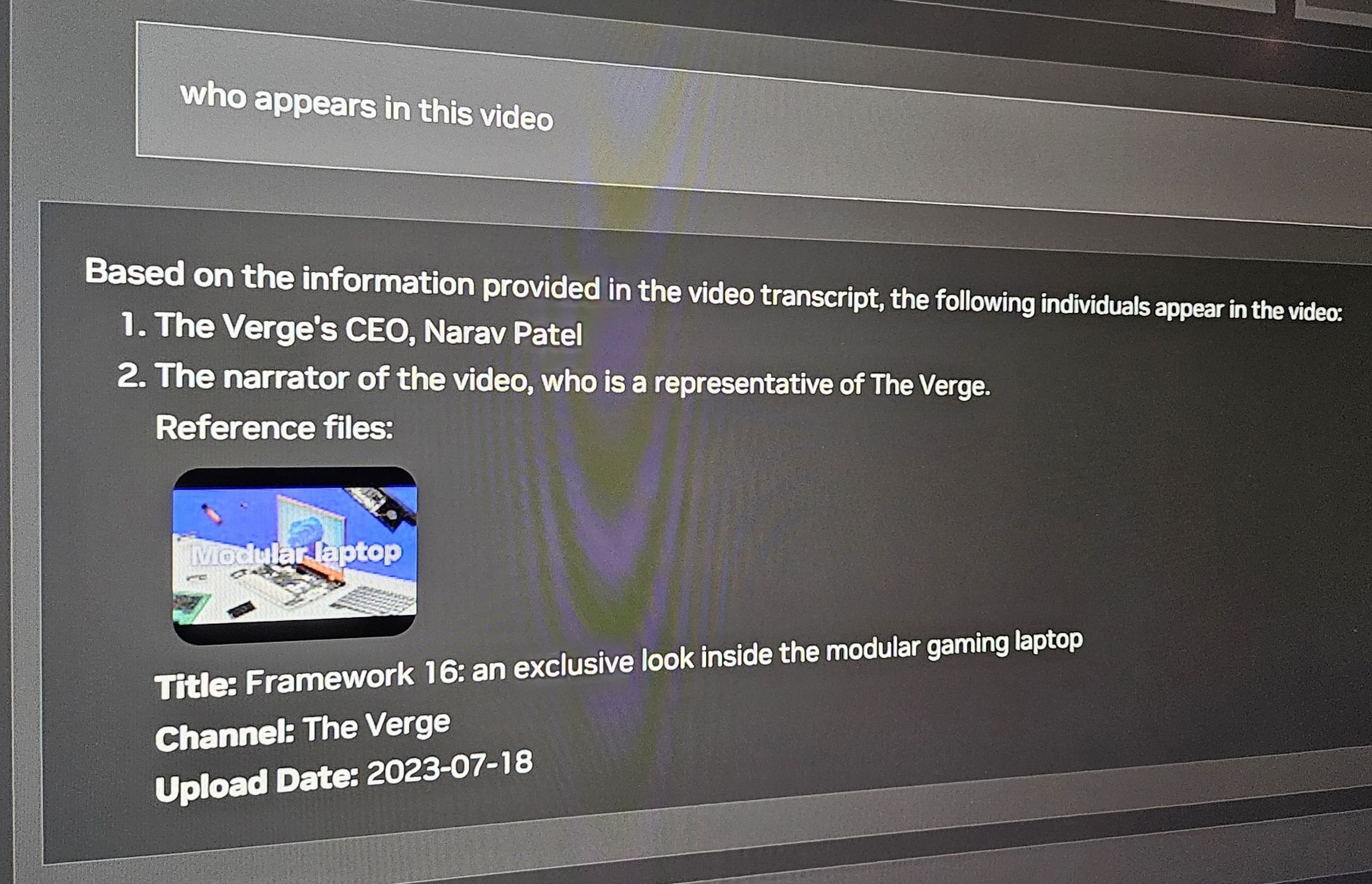 The YouTube transcript says “Framework CEO Nirav Patel,” in case you’re wondering. Nvidia pointed out that the LLM probably didn’t understand that Framework is a company.