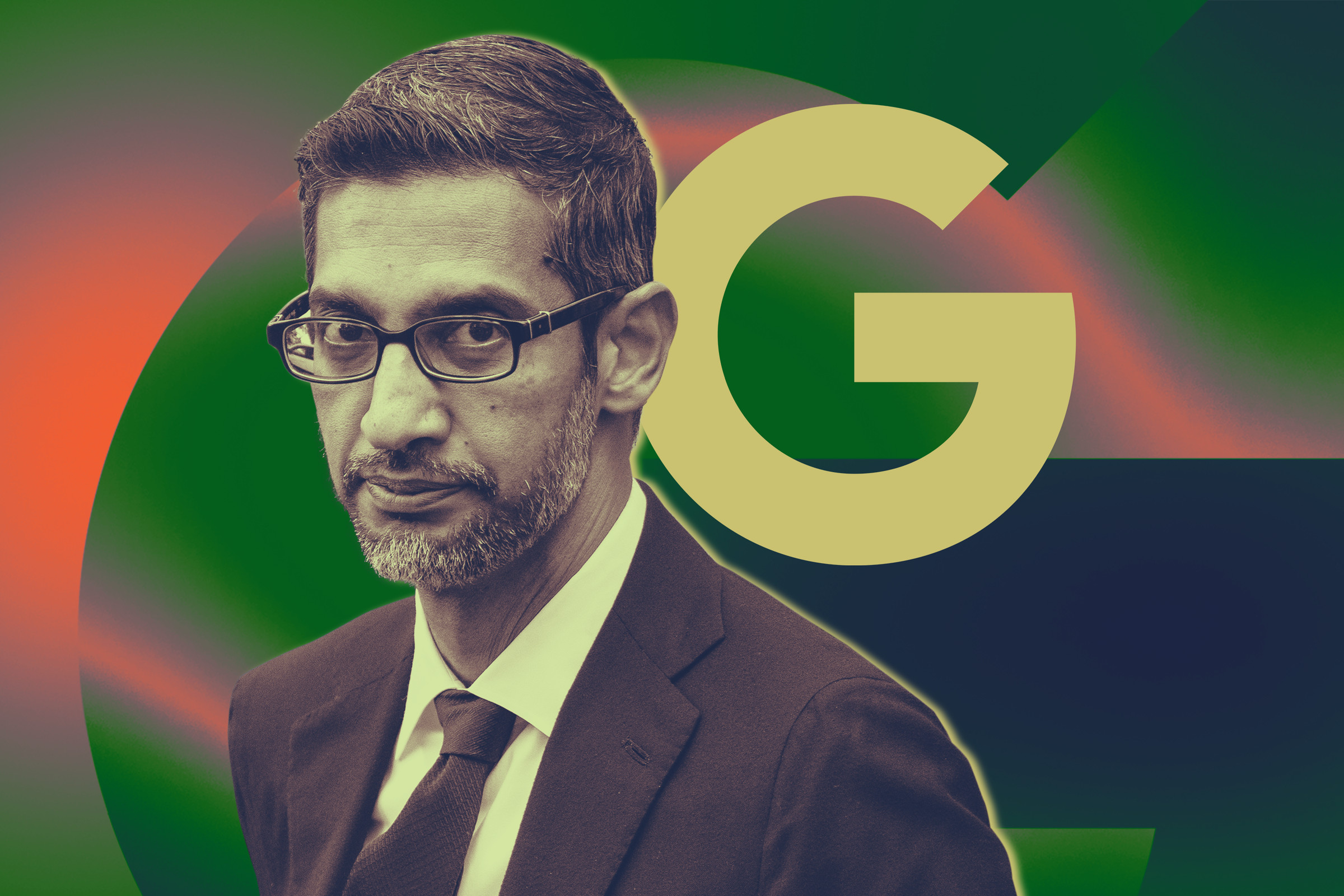 Photo illustration of Sundar Pichai in front of the Google logo