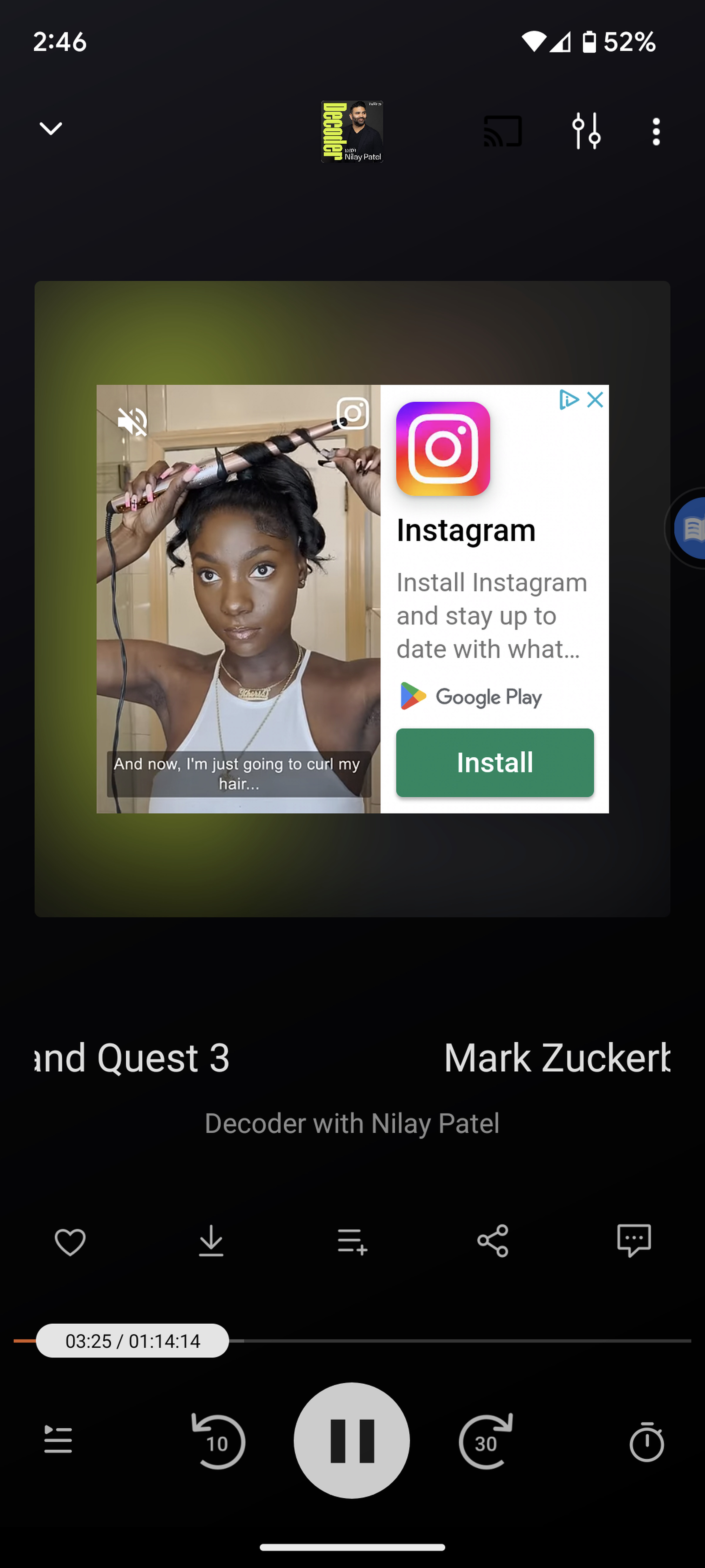 Mobile app with Google ad on top, and podcast controls beneath.