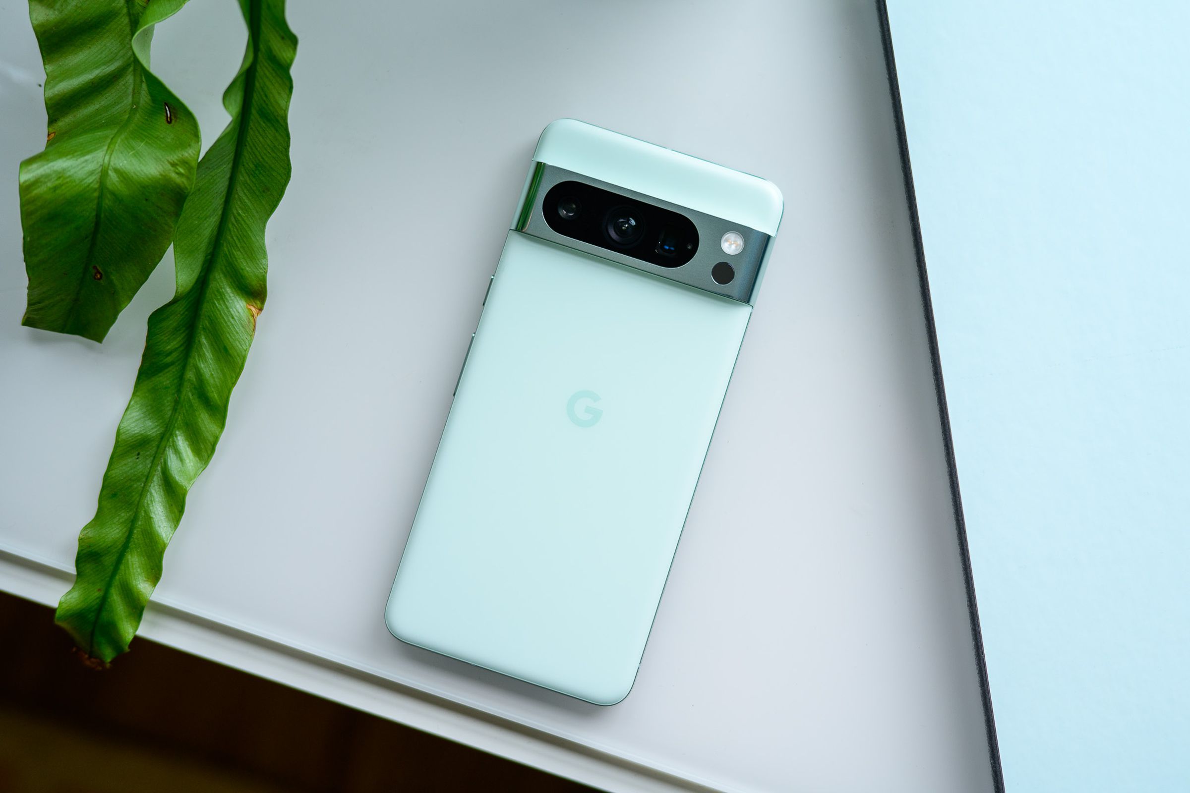 A photo of Google’s mint Pixel 8 Pro.