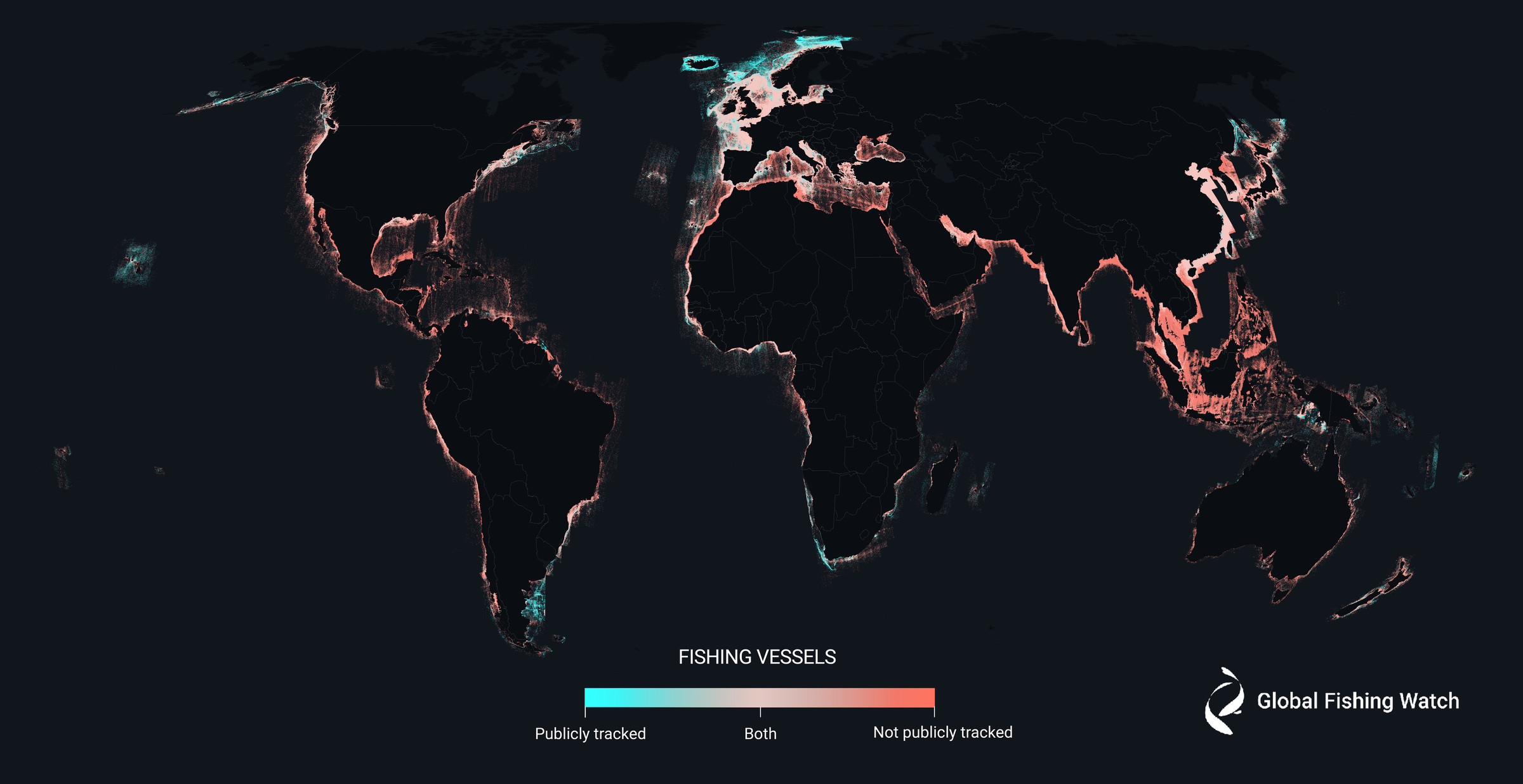 A map of the world, with red highlighting the shores with the most fishing vessels that previously escaped public tracking systems.