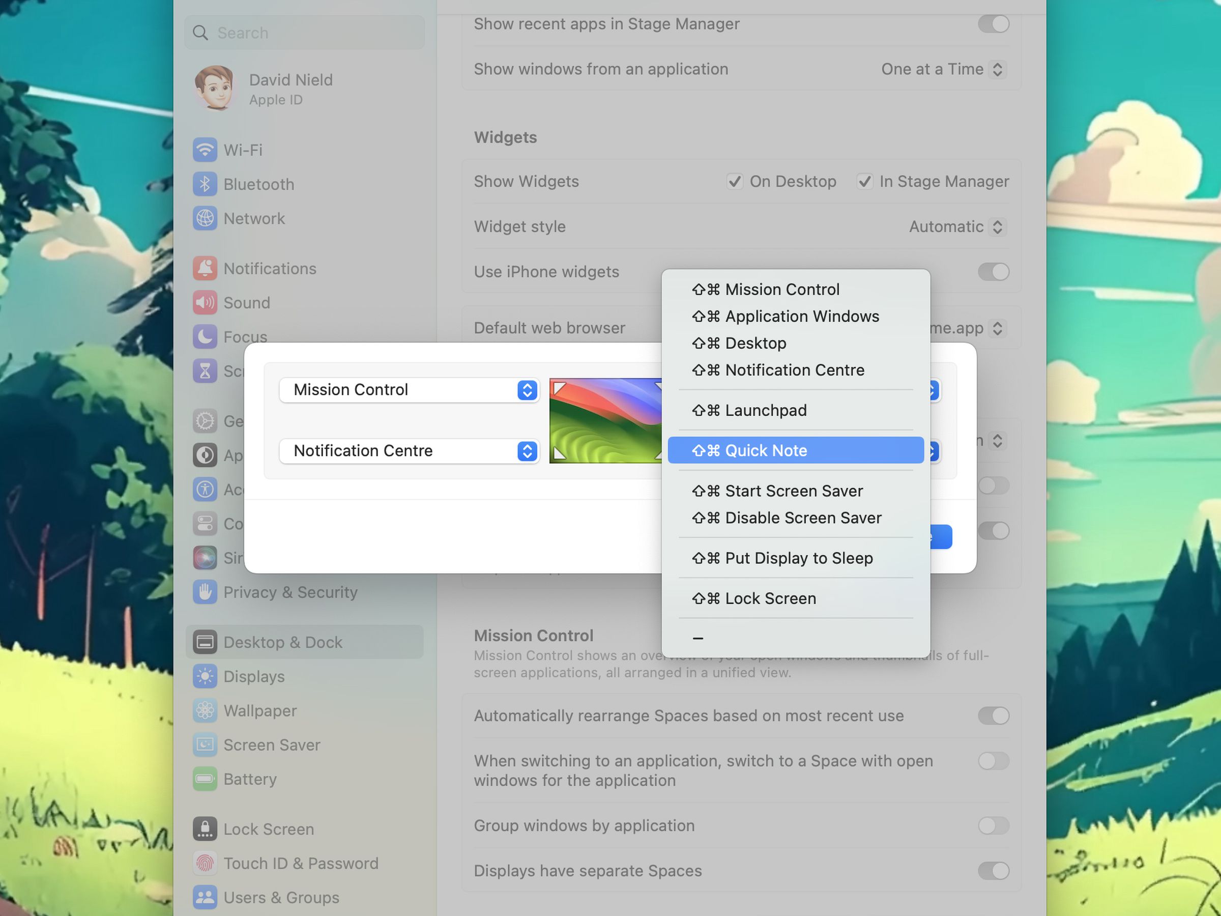 System settings for macOS with a pop-up showing different functions for hot corners along with a drop-down menu showing all the functions that can be chosen.