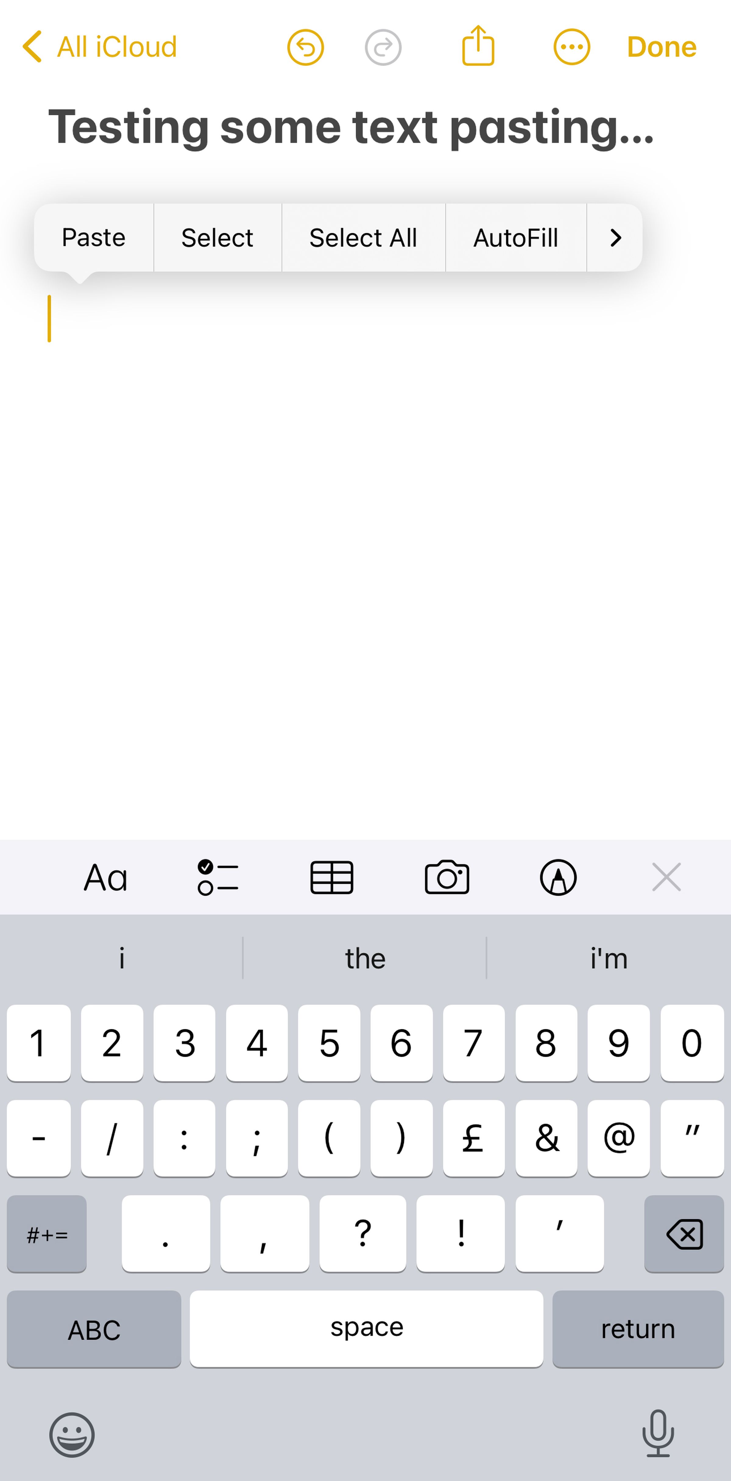 Screen with “Testing some text pasting...” at top and a pop-up listing Paste / Select / Select All / AutoFill below that, and a keyboard at bottom.