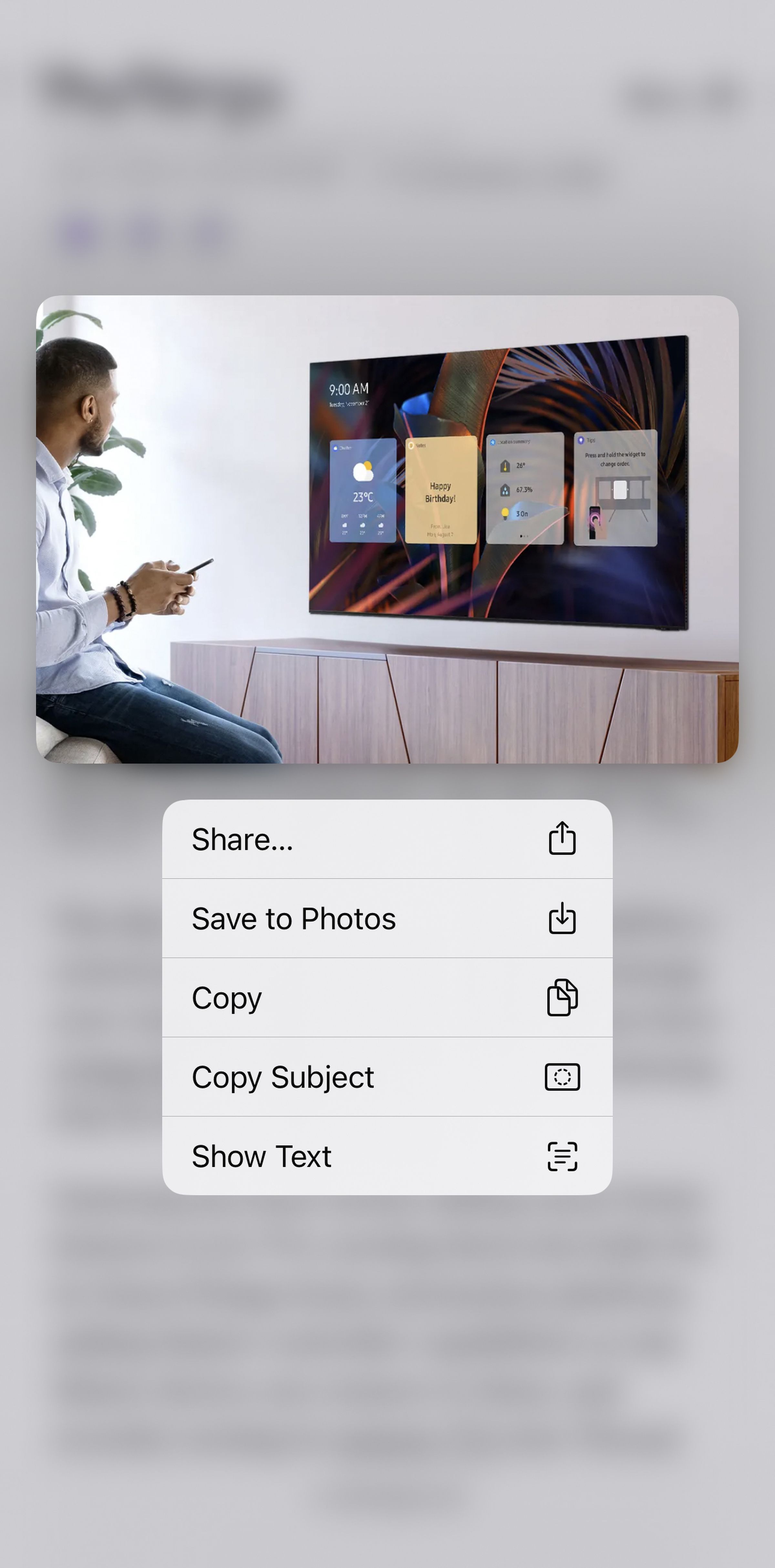 Photo on top of man looking at TV and below pop-up menu with Share..., Save to Photos, Copy, Copy Subject, Show Text