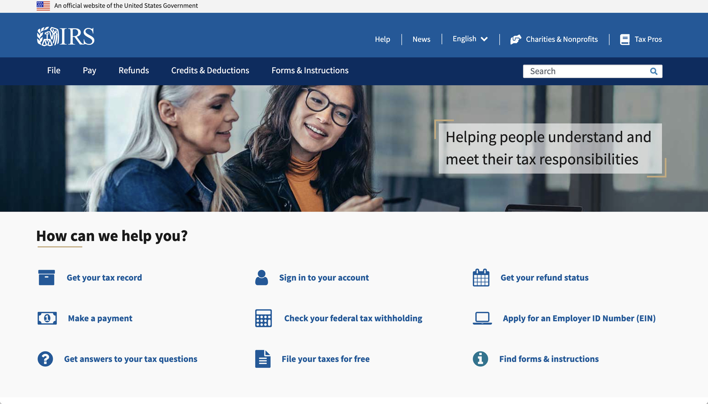 Web page with photo of two people looking at computer, below that, the line “How can we help you?” with various choices underneath.