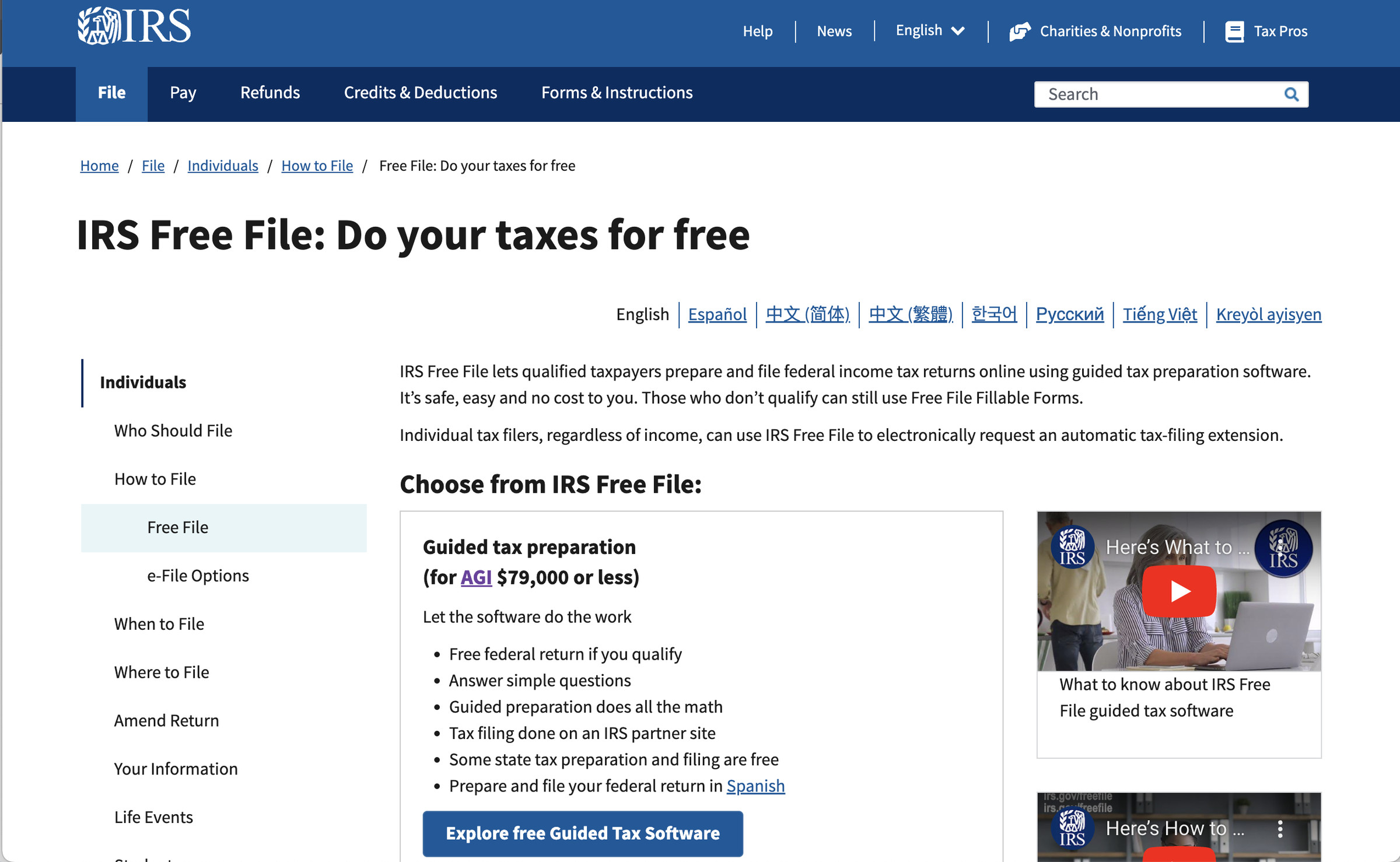 IRS web page with notice “Free File is Now Open” on top, a menu on the left, and VOZ DOE Guided Tax Preparation.