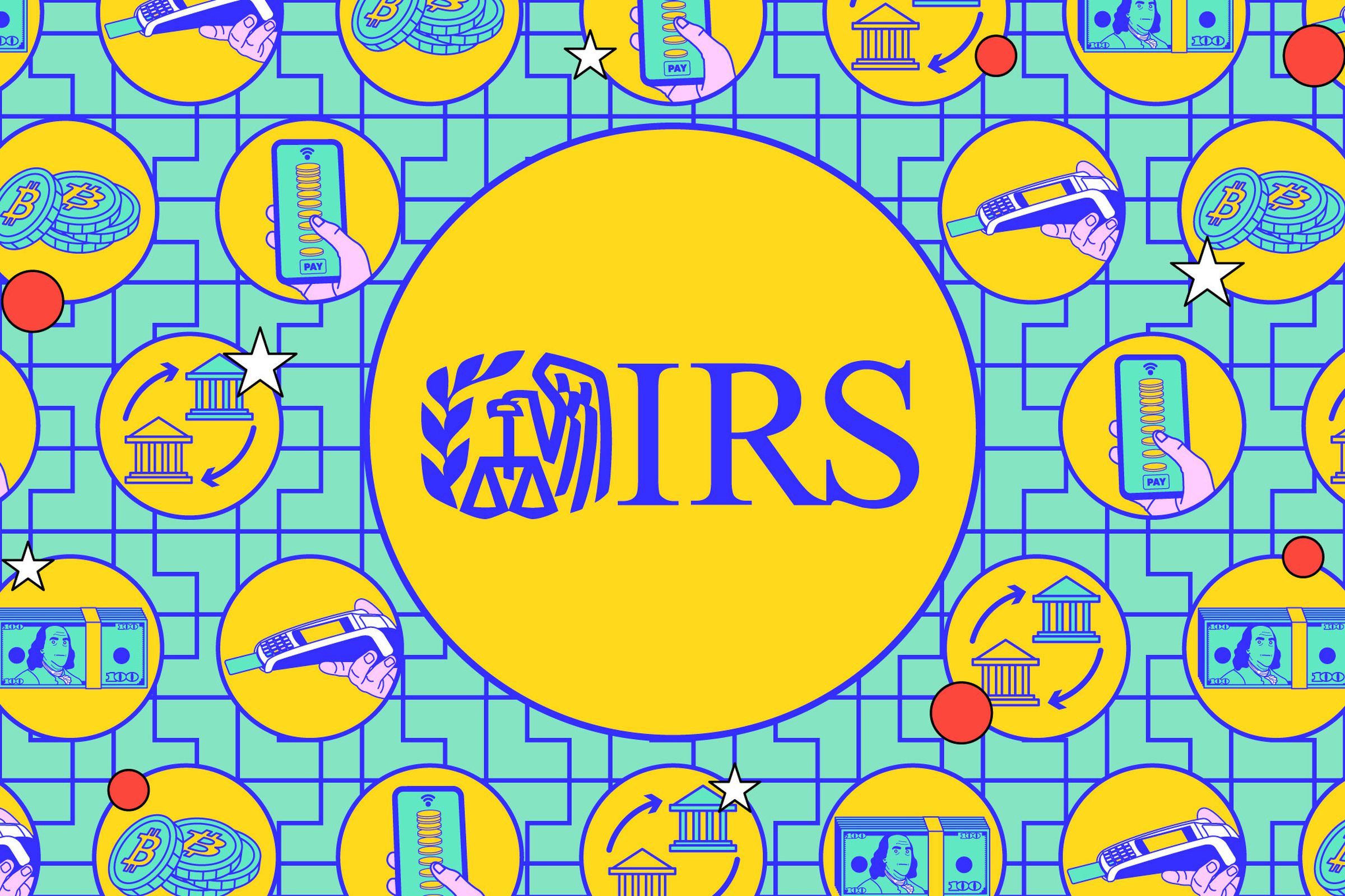 Colorful image of the IRS logo with several small images surrounding of smartphones and financial-themed drawings.