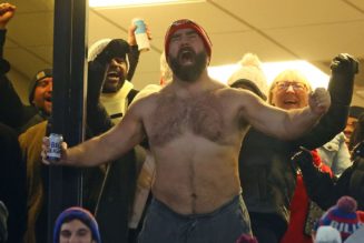 Kylie Kelce's reaction to husband's shirtless celebration goes viral during Chiefs-Bills game