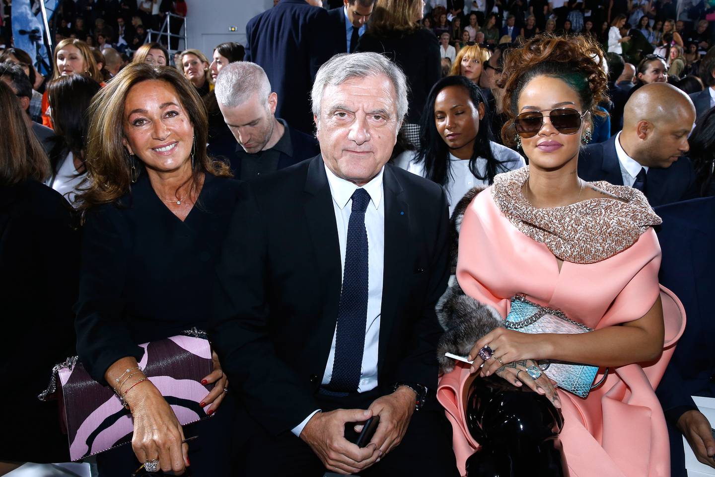 Sidney Toledano, his wife Katia Toledano and singer Rihanna attend the Christian Dior show, Paris Fashion Week Womenswear Spring/Summer 2016.