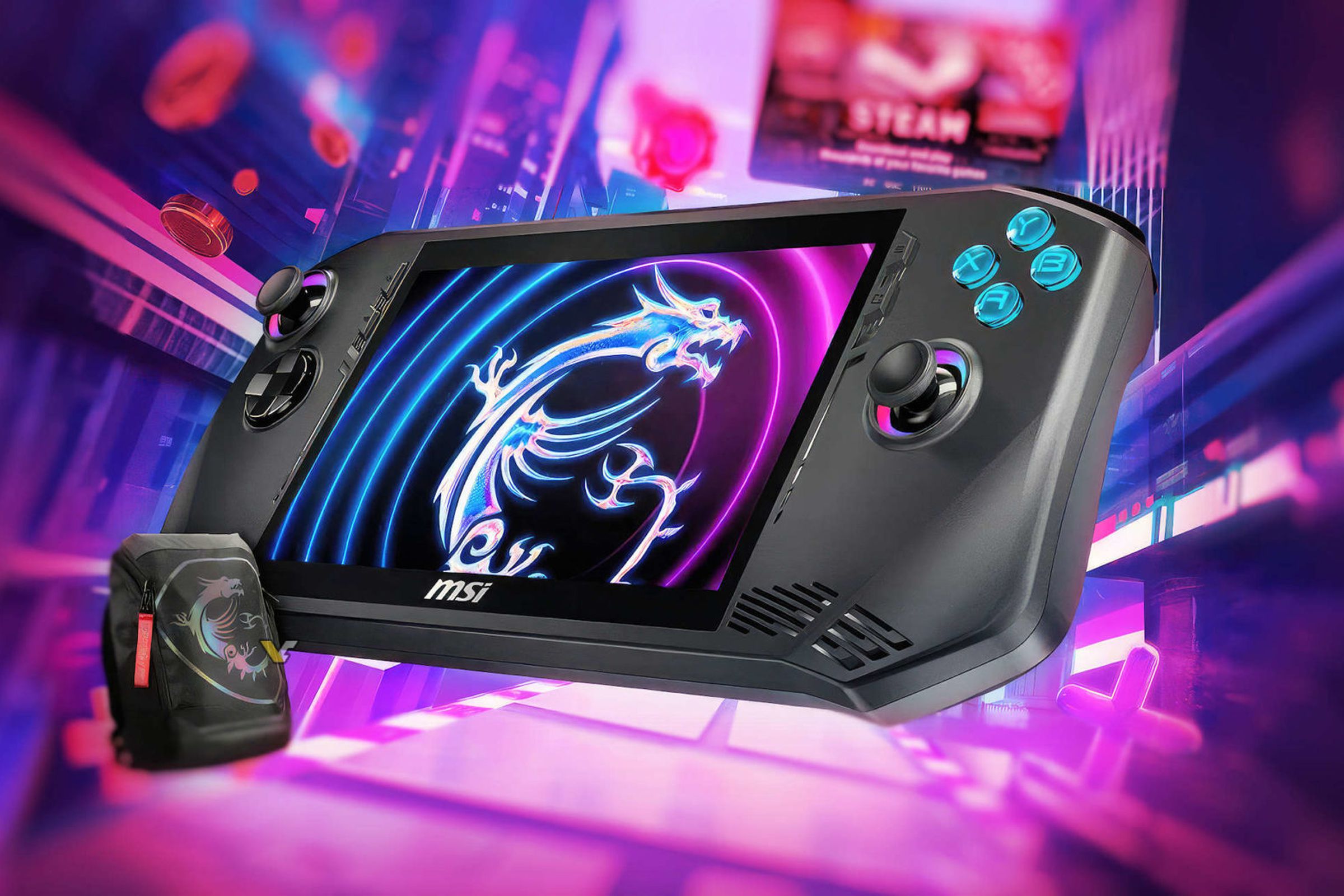 MSI’s handheld gaming PC with a pink and purple backdrop