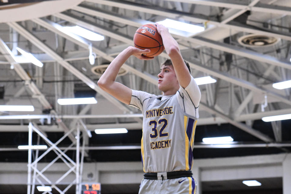 SPRINGFIELD, MA - JANUARY 14: Cooper Flagg of Montverde Academy (32) shoots the ball during the first half of the Spalding Hoophall Classic high school basketball game between Montverde Academy and Prolific Prep on January 14, 2024 at Blake Arena in Springfield, MA (Photo by John Jones/Icon Sportswire via Getty Images)