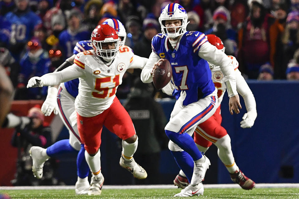 Buffalo Bills quarterback Josh Allen (17) found himself on the losing end of another postseason battle with Kansas City Chiefs quarterback Patrick Mahomes on Sunday. (AP Photo/Adrian Kraus)