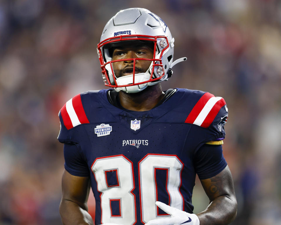 FILE - New England Patriots wide receiver Kayshon Boutte looks on during the second half of an NFL football game against the Philadelphia Eagles, Sept. 10, 2023, in Foxborough, Mass. Boutte was arrested Thursday, Jan. 25, 2024, on charges related to illegal online gaming while he was under age and played at LSU, authorities said. (AP Photo/Greg M. Cooper, File)