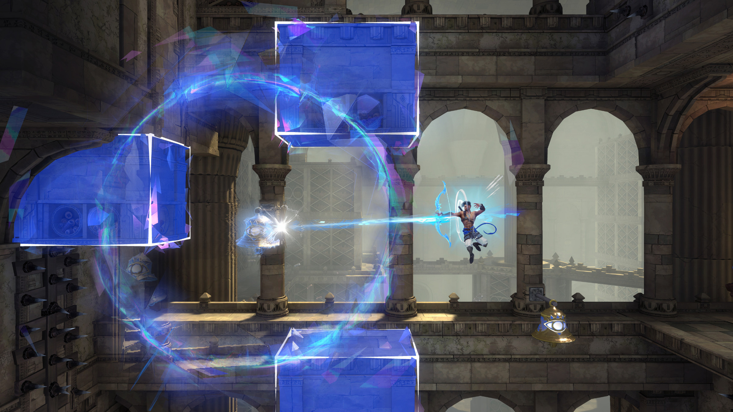 Screenshot from Prince of Persia: The Lost Crown featuring the main character Sargon shooting a bell with his bow to activate incorporeal platforms while in midair.