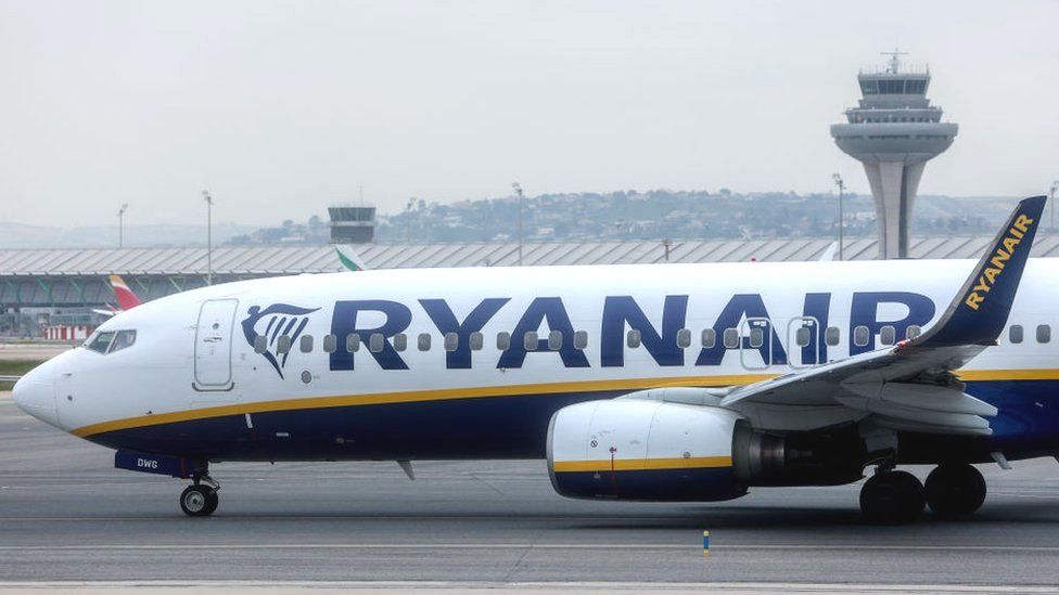 A Ryanair plane on a runway