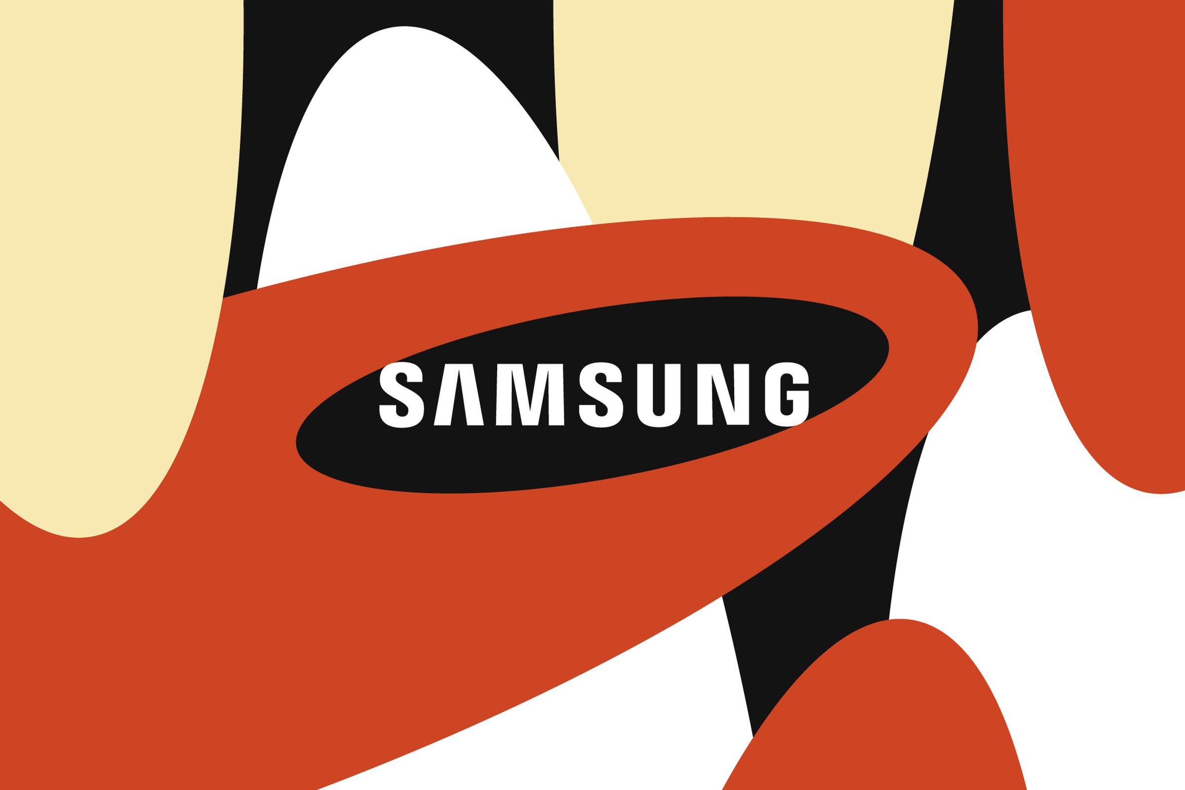 Samsung’s logo set in the middle of red, black, white, and yellow ovals.