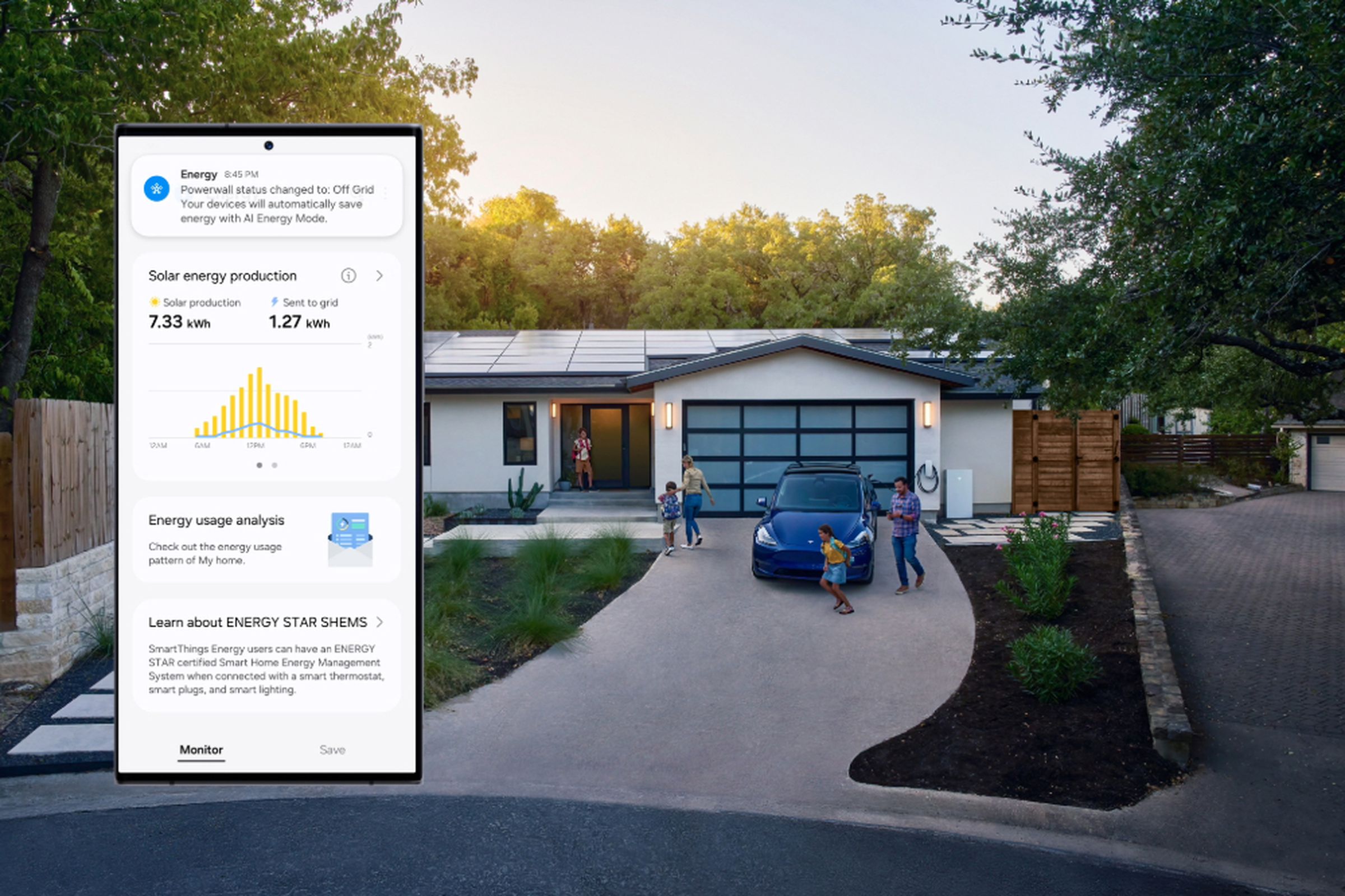 A photo of a family in front of a house. Superimposed on the photo is a Samsung smartphone showing the SmartThings app.