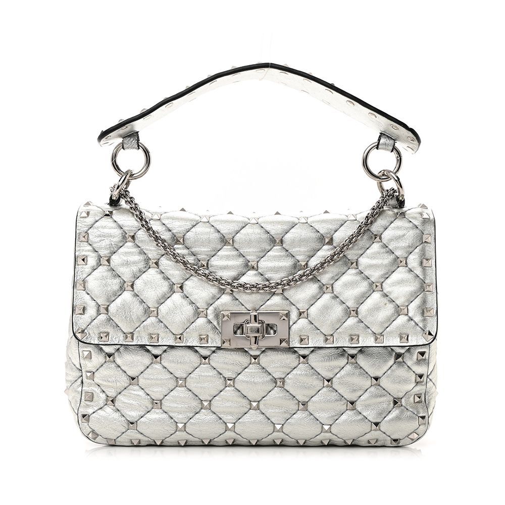 Metallic Nappa Medium Rockstud Spike Shoulder Bag Silver