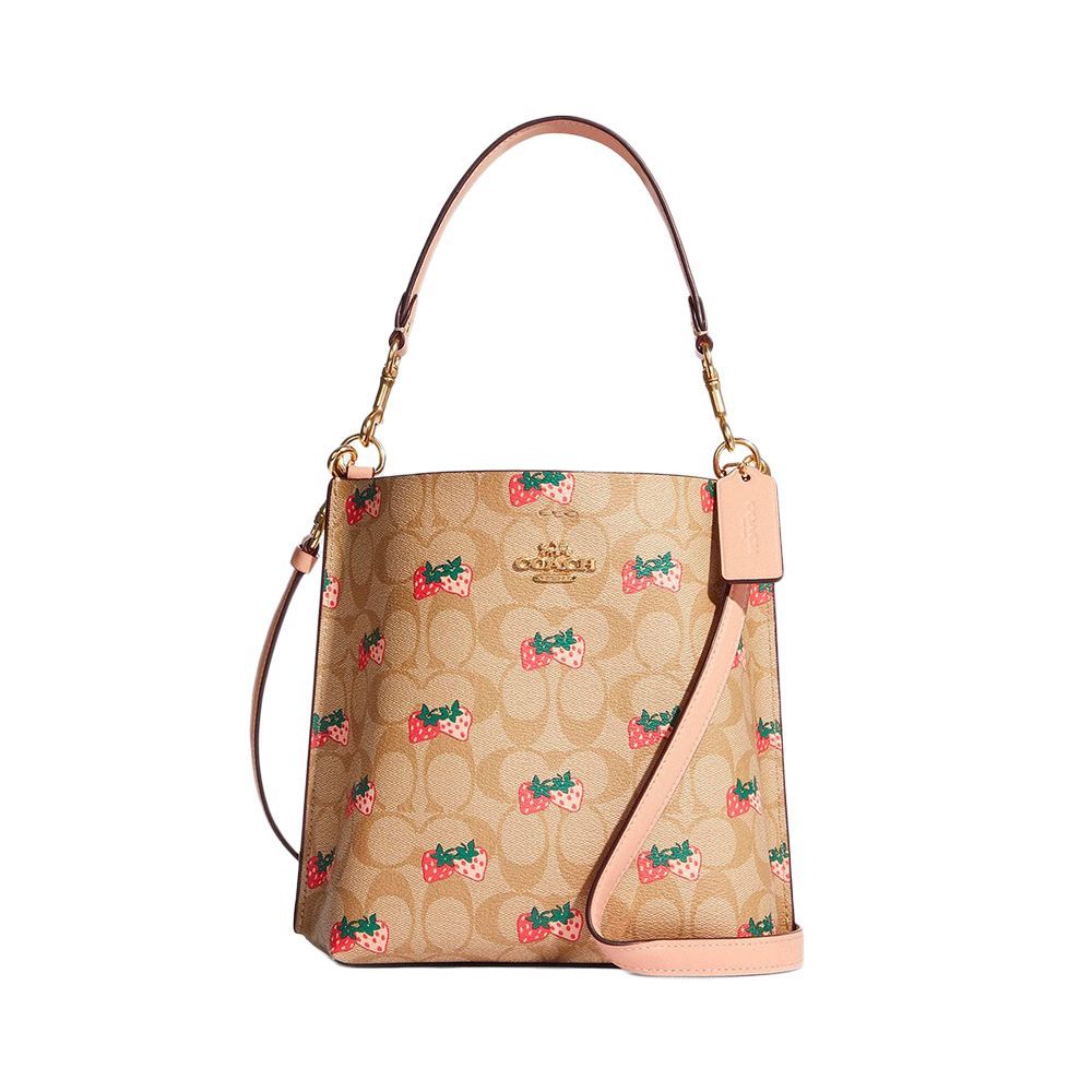 Beige Strawberry Print Signature Coated Canvas 22 Mollie Bucket Bag