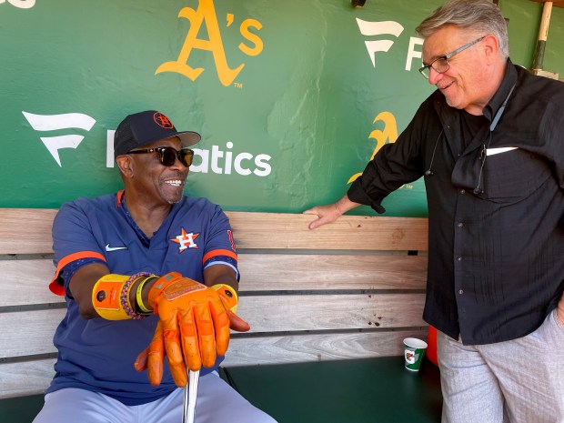 Dusty Baker and Bud Geracie in the visiting dugout last Sept when the Astros came to town in 2023. (Photo by Janie McCauley)