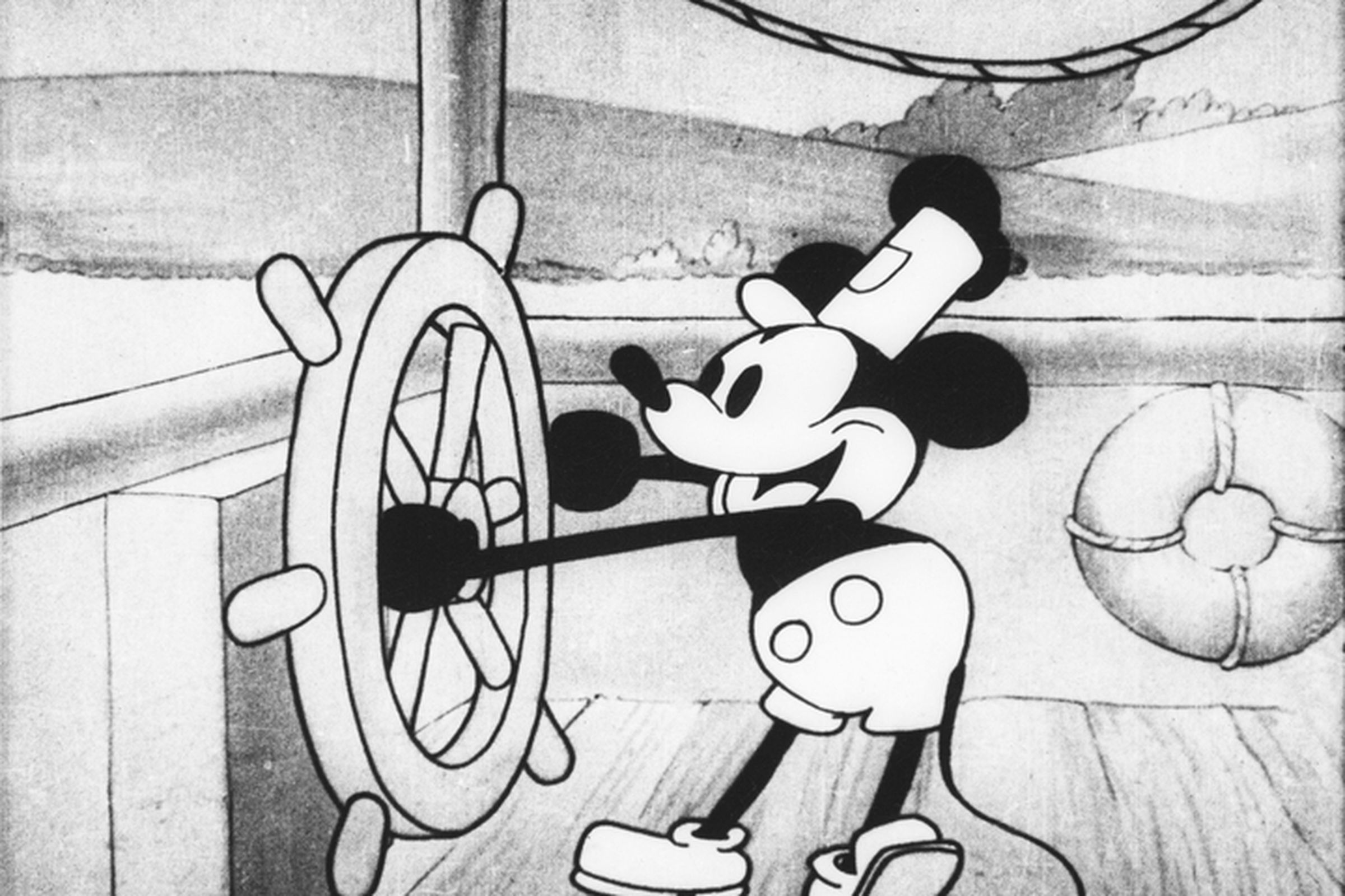 A screenshot of Mickey Mouse in Steamboat Willie from 1928.