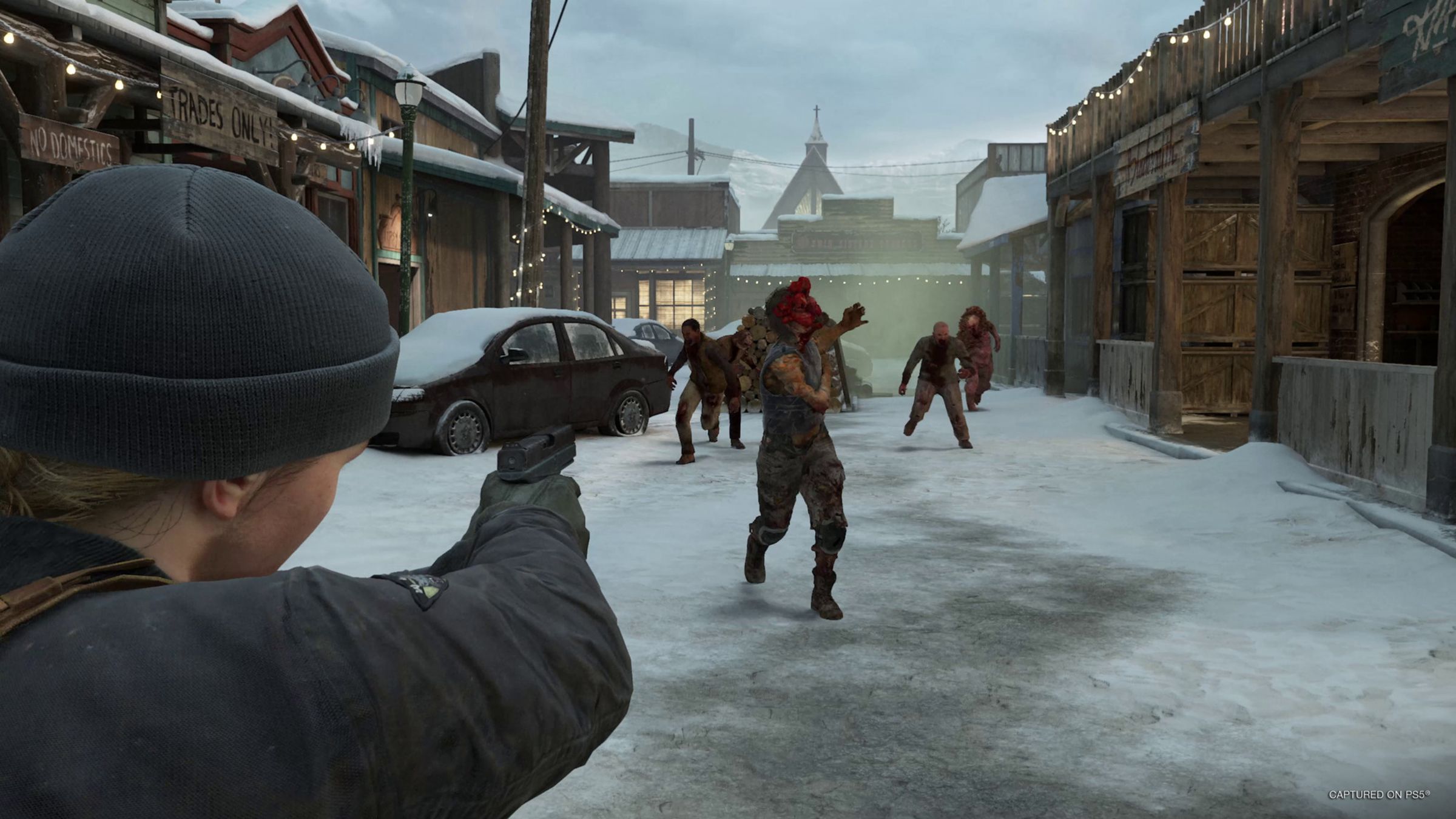 A screenshot of Abby aiming a gun in the No Return mode from The Last of Us Part II Remastered.